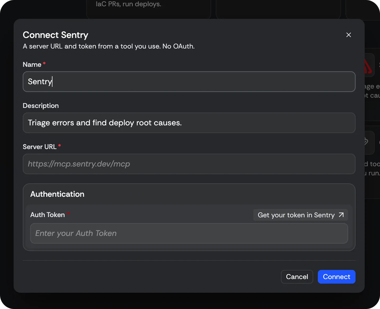 Connecting a tool is a server URL and a token, no OAuth dance